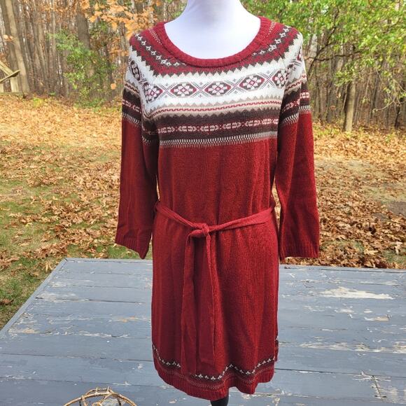 Massini Fair Isle Dark Red Maroon Sweater Dress Tunic Self Sash Belt size Large - Picture 1 of 13